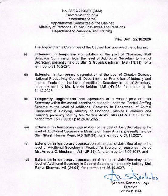 Centre extends tenure of key senior officers through temporary upgradations