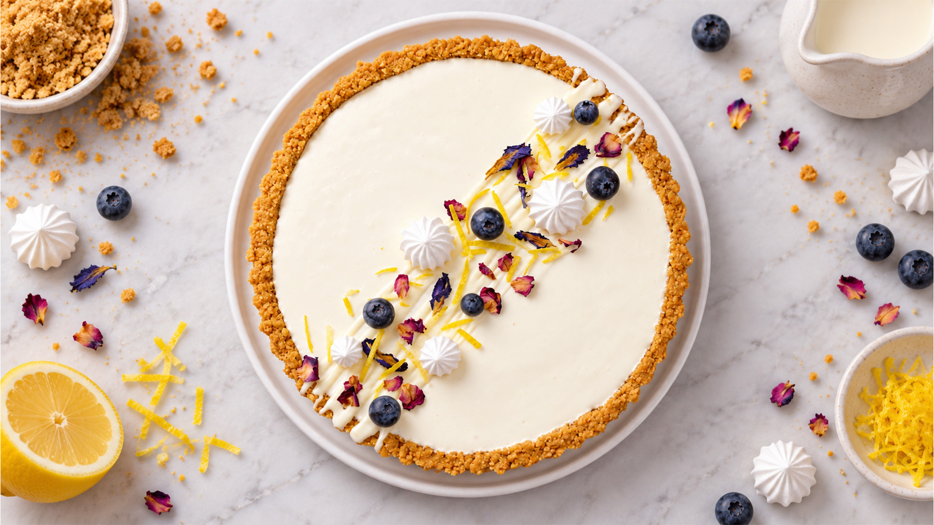 Creamy lemon blueberry tart with biscuit crust