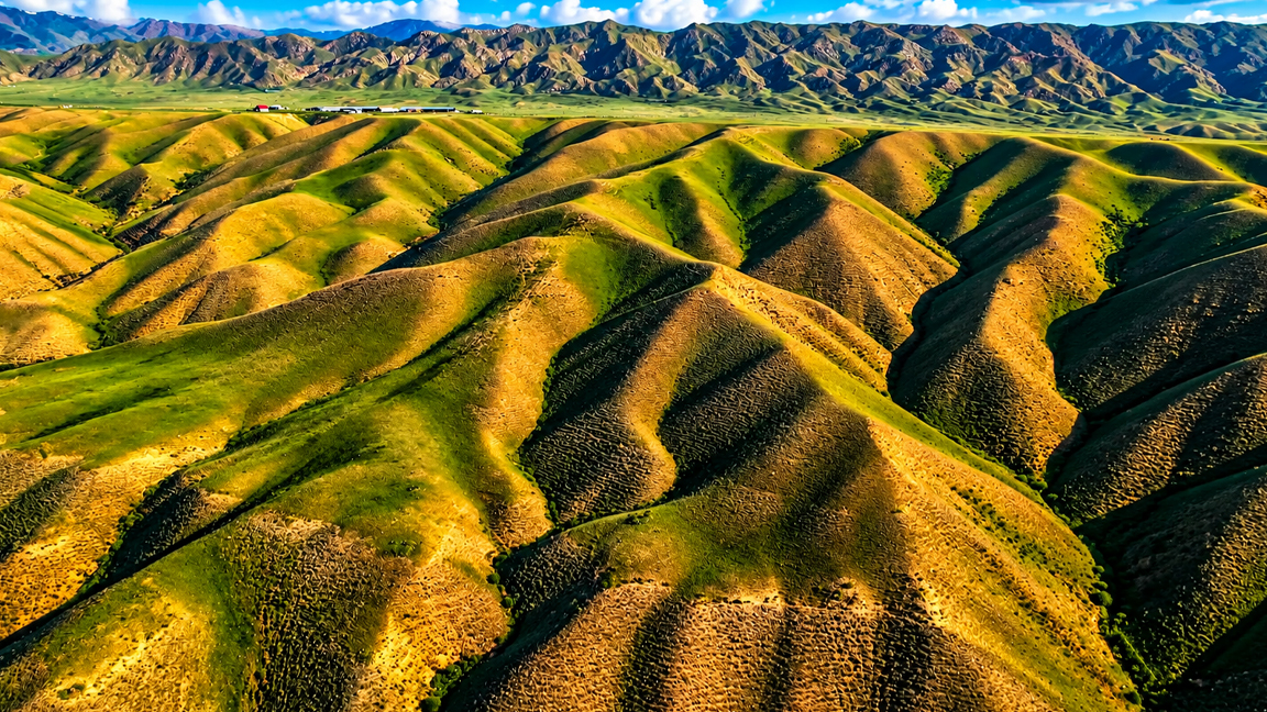 Endless rolling green hills and golden valleys beneath majestic mountains