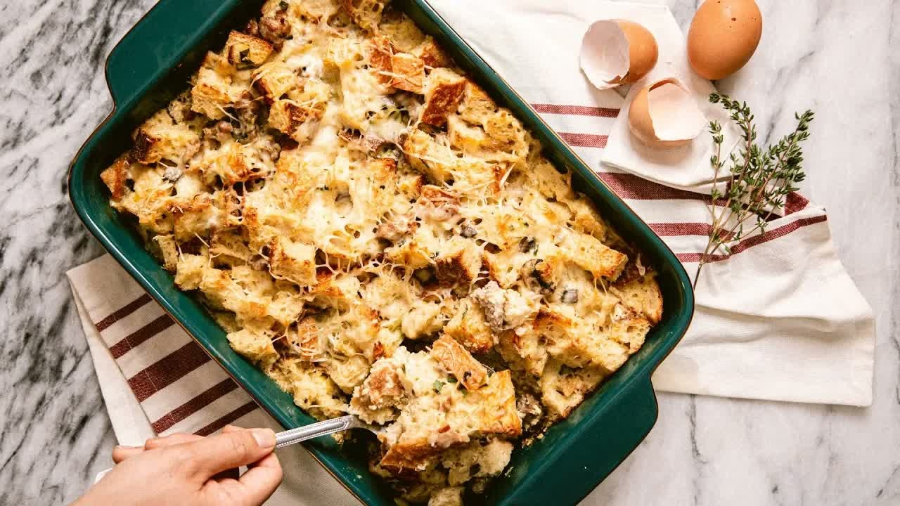 Forget sweet bread pudding - this savory version uses sausage and cheese