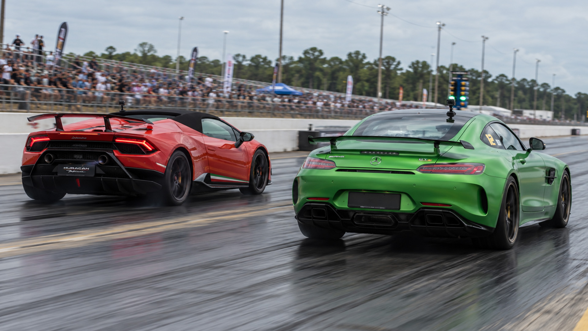 675HP Mercedes AMG GT R and Lamborghini go head to head