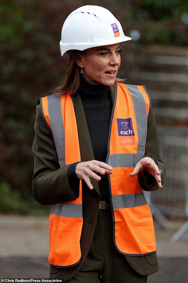 Kate means business! Royal teams hard hat with Victoria Beckham power ...