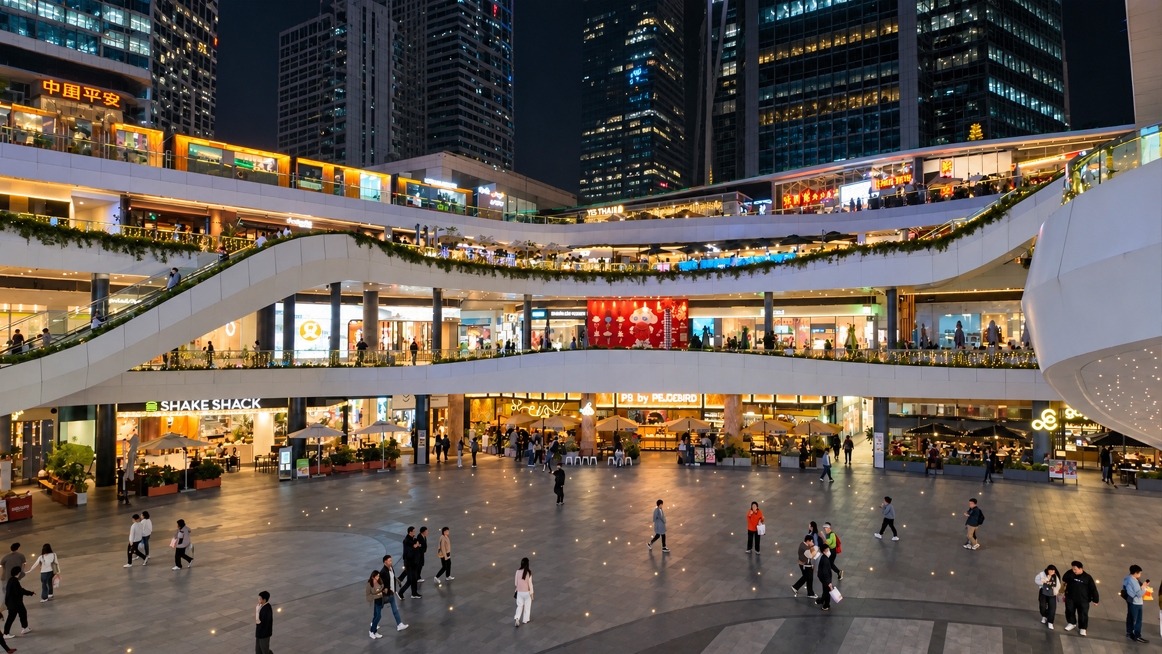 Shenzhen's multi level shopping plaza surrounds a huge open courtyard