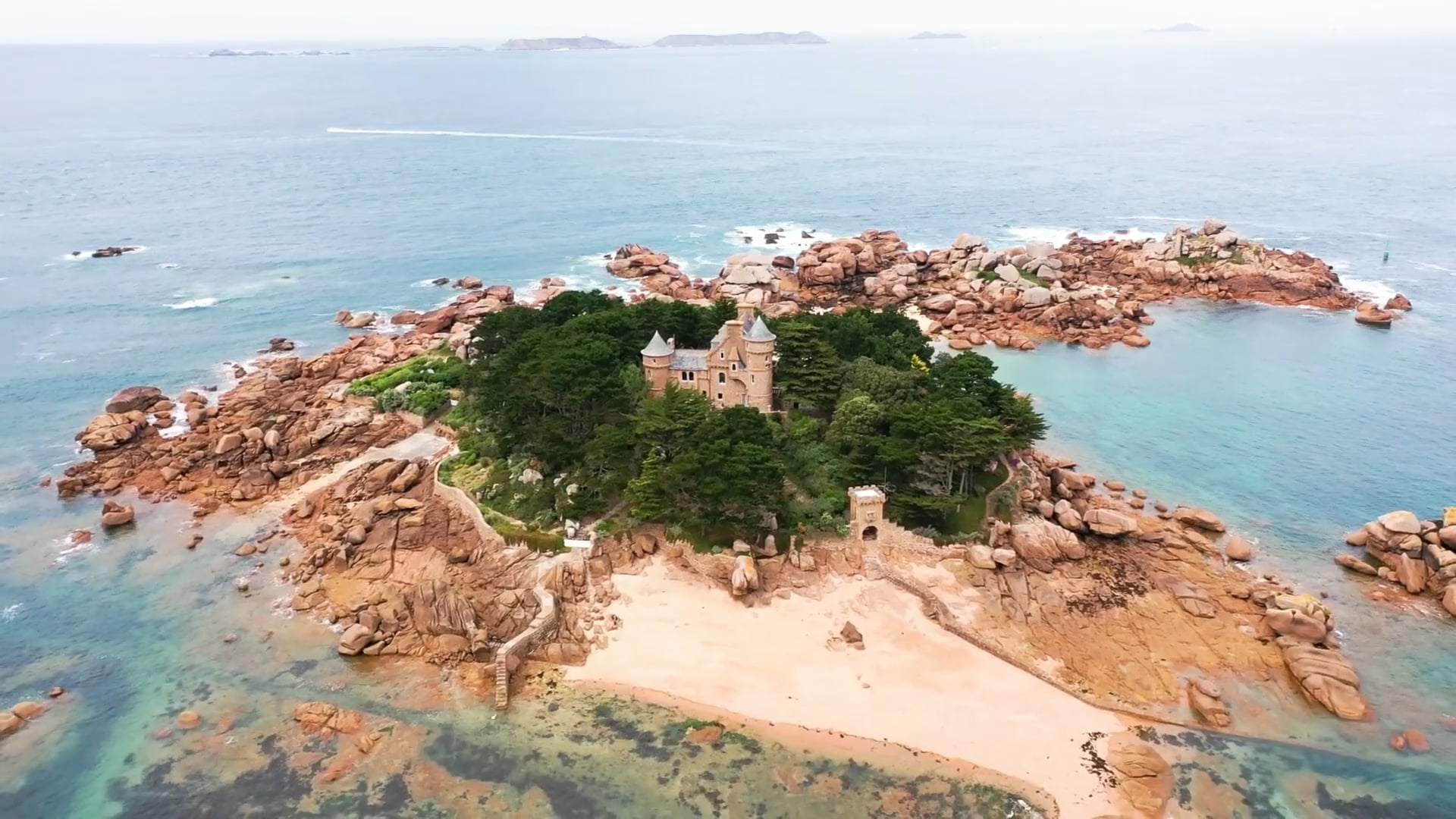 Pink granite coast, France: Drone views of sculpted rock formations