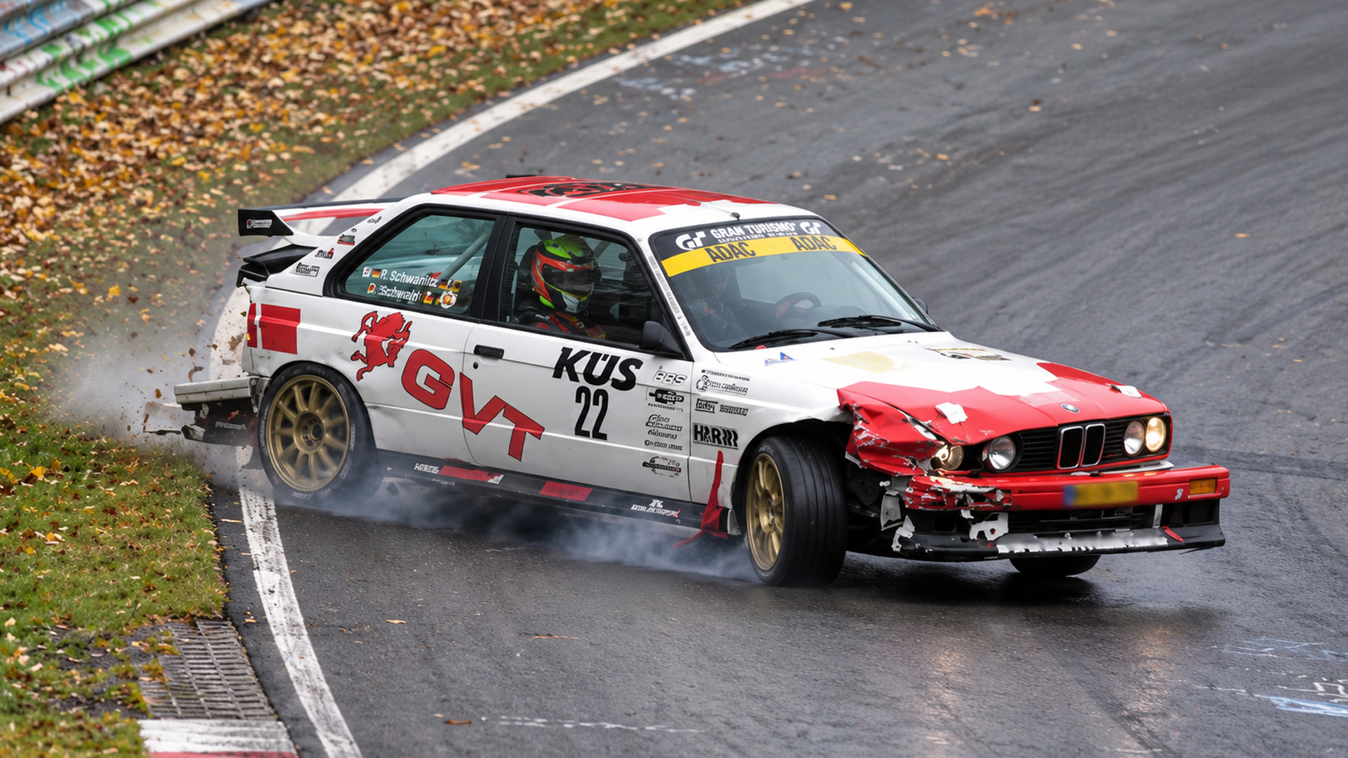 The dry racing line becomes a risk on a wet Nürburgring