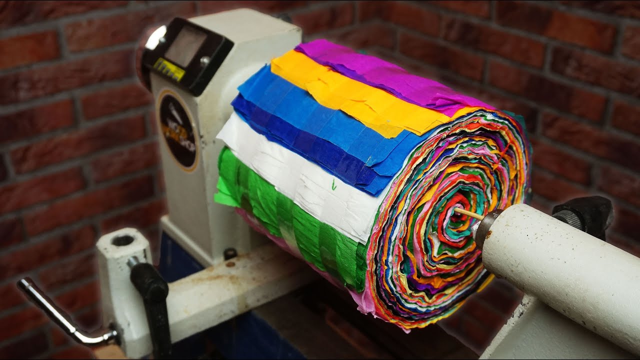 Woodturner turns crepe paper into a lidded box