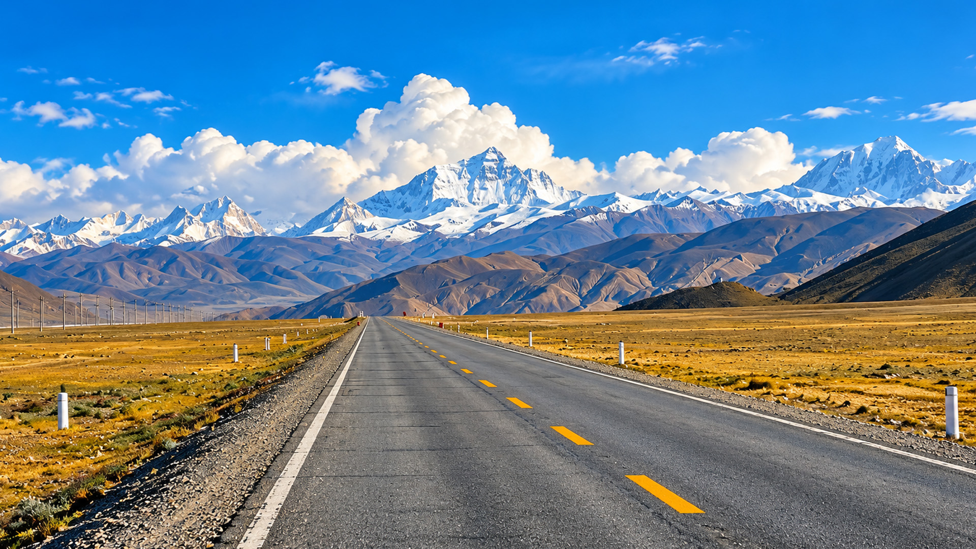 A lonely highway crossing Tibet's vast mountain plains