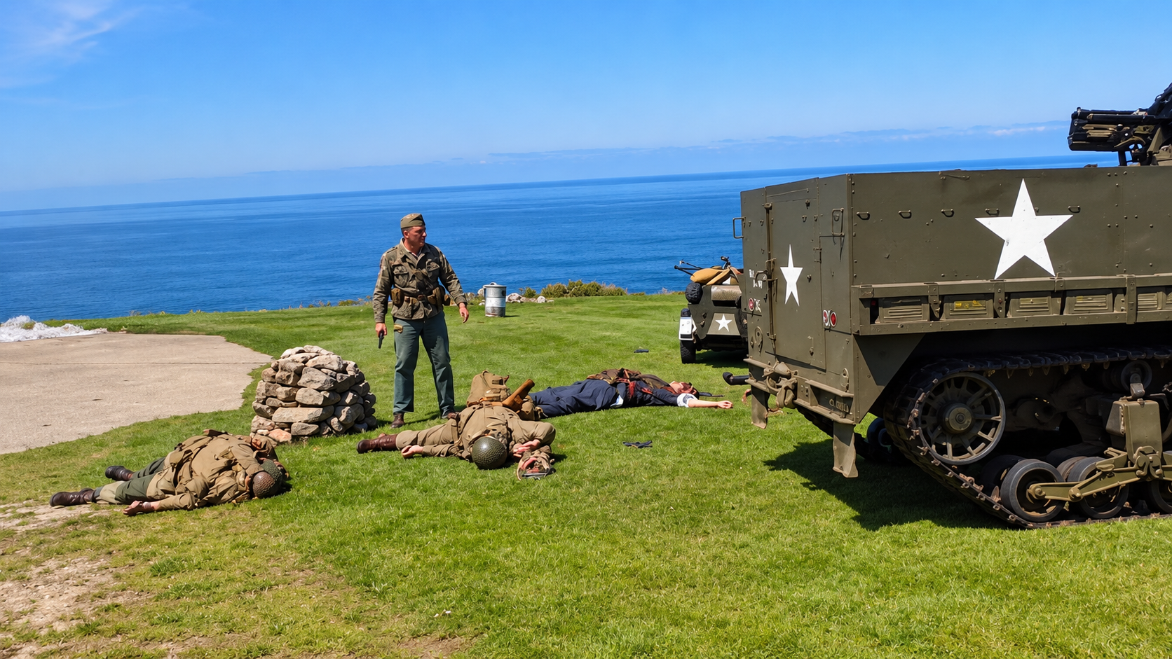A WWII battle reenactment takes a comical turn as things keep going wrong