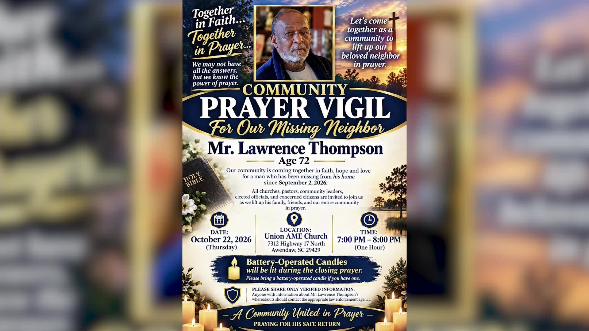 Community vigil set Thursday for missing Awendaw man