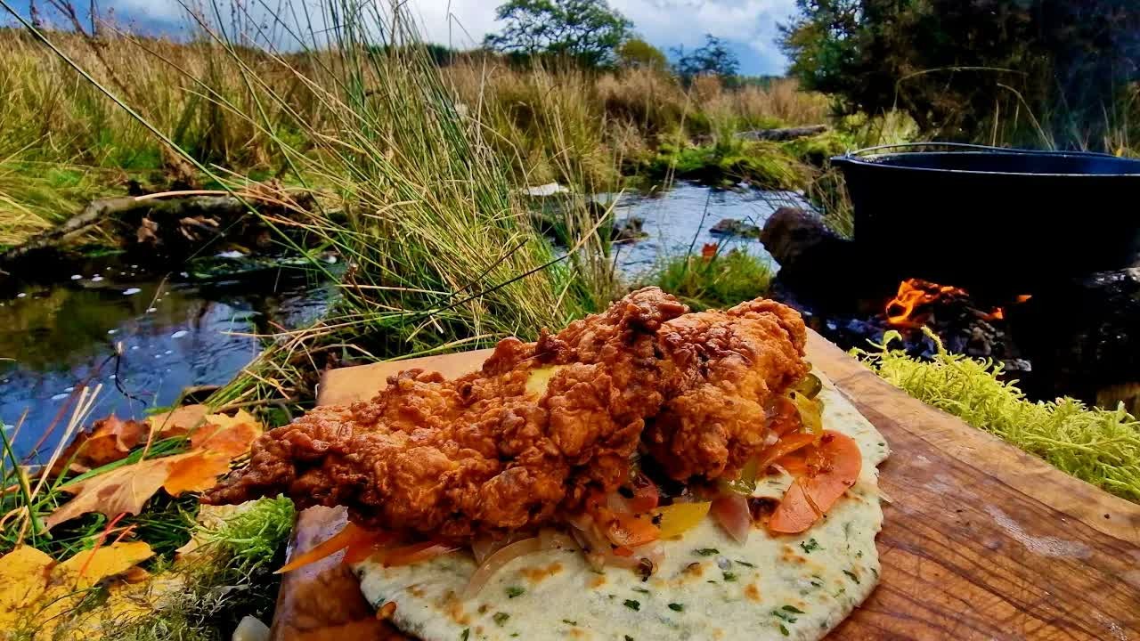 Fried chicken prepared at camp with nature sounds and ASMR cooking