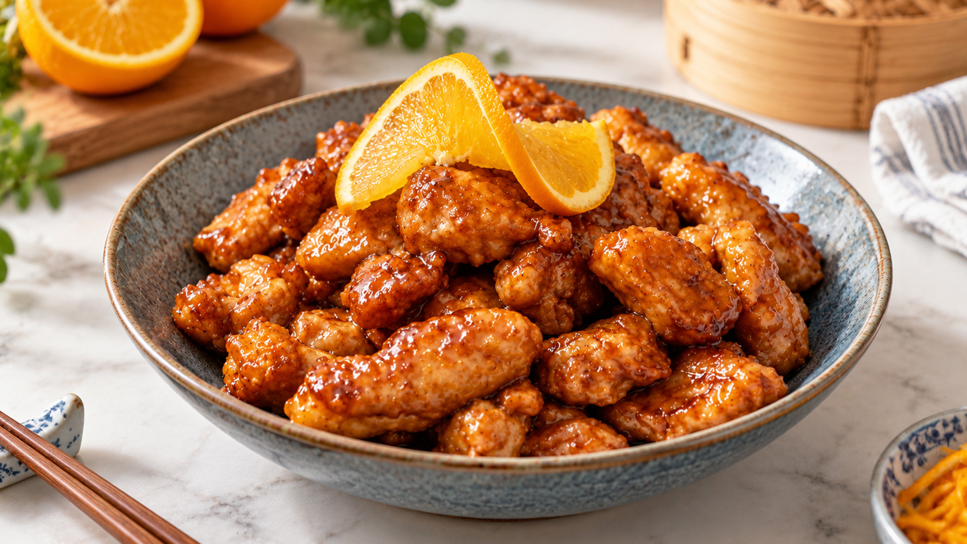 Crispy orange chicken with a sticky citrus glaze