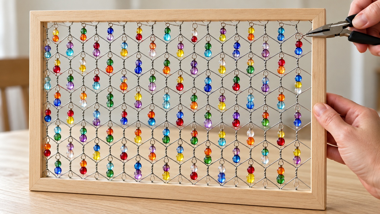 Make a colorful chicken wire suncatcher with glass beads