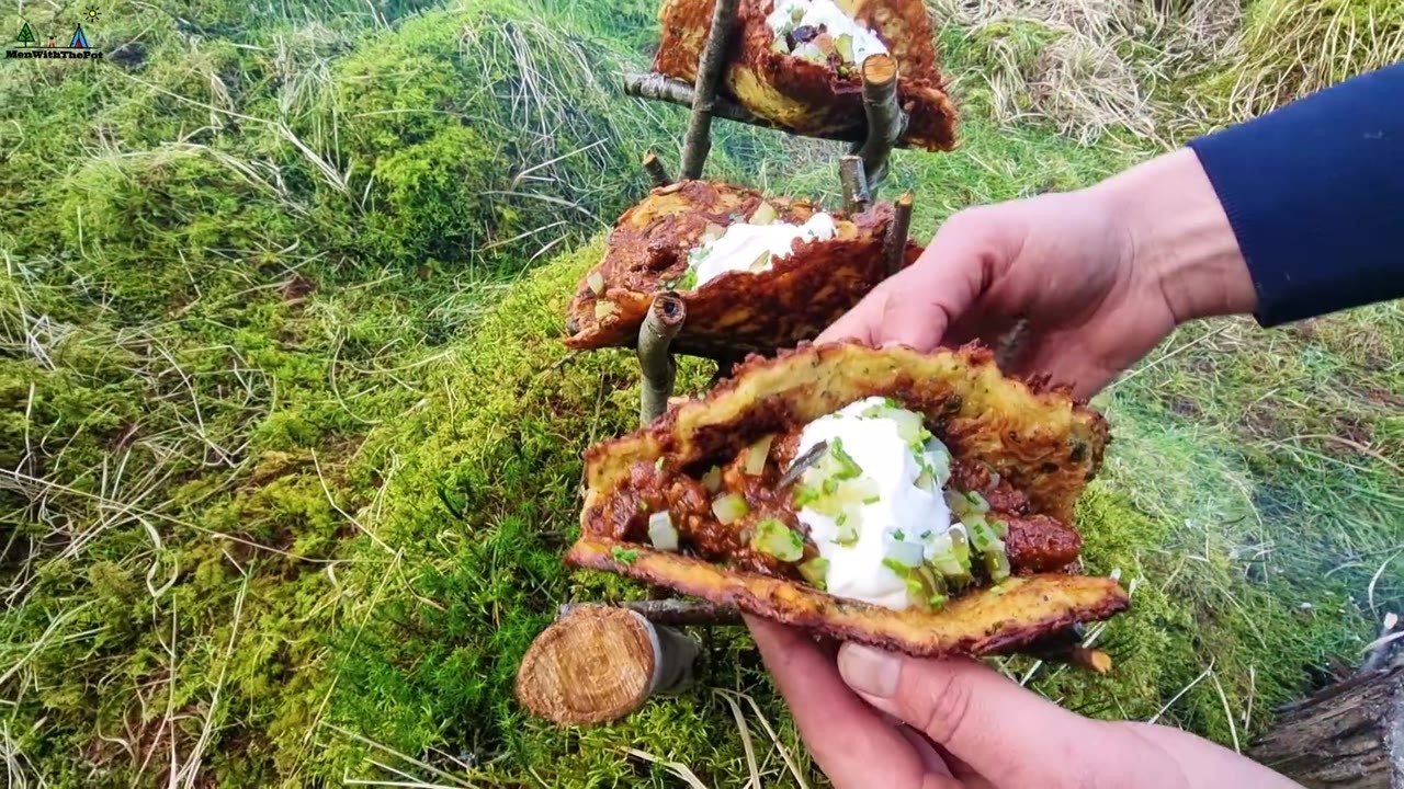 Crispy hash browns with chicken and bacon cooked outdoors