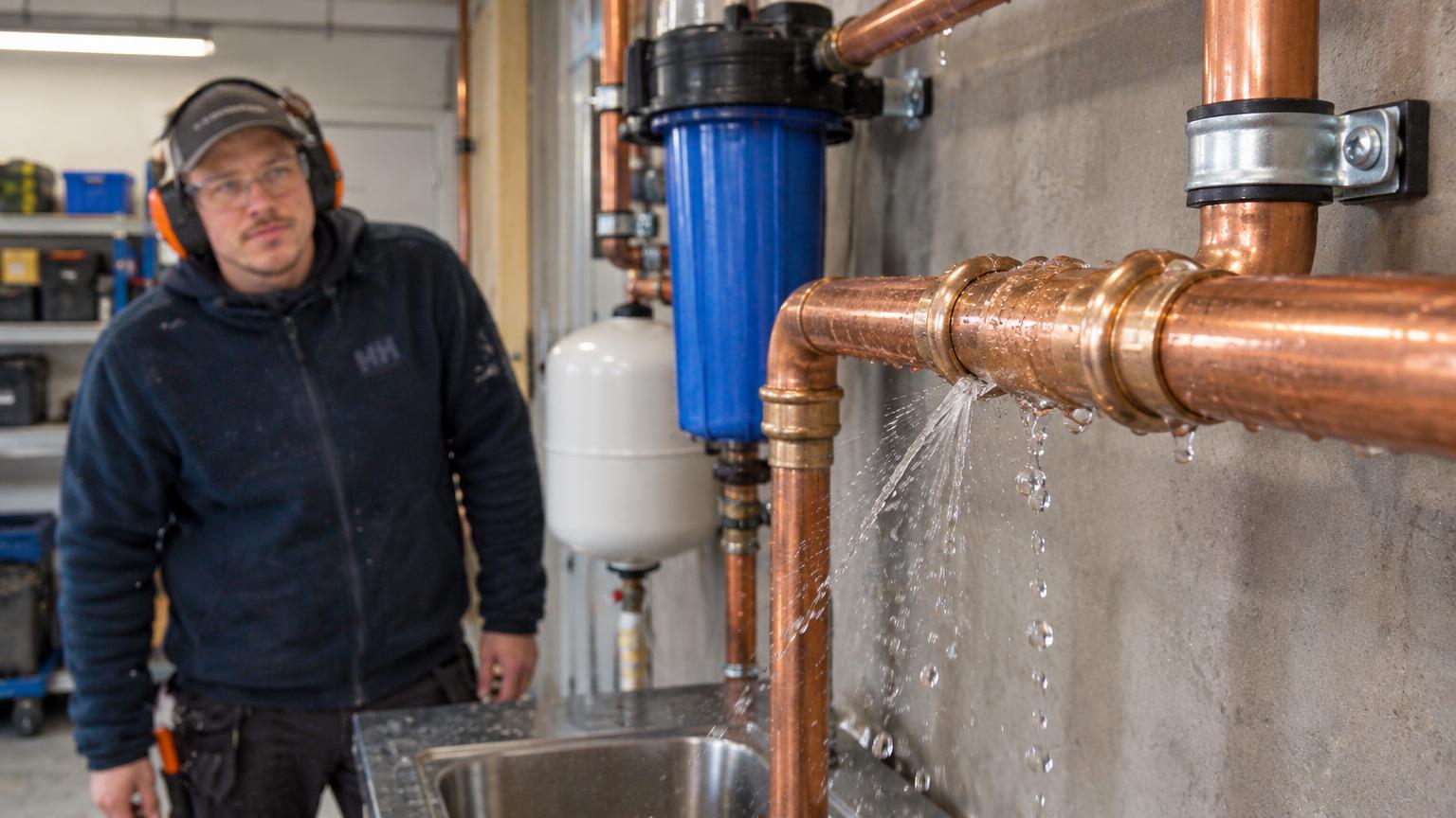 A forgotten pipe connection causes a leak during the first test of his ...
