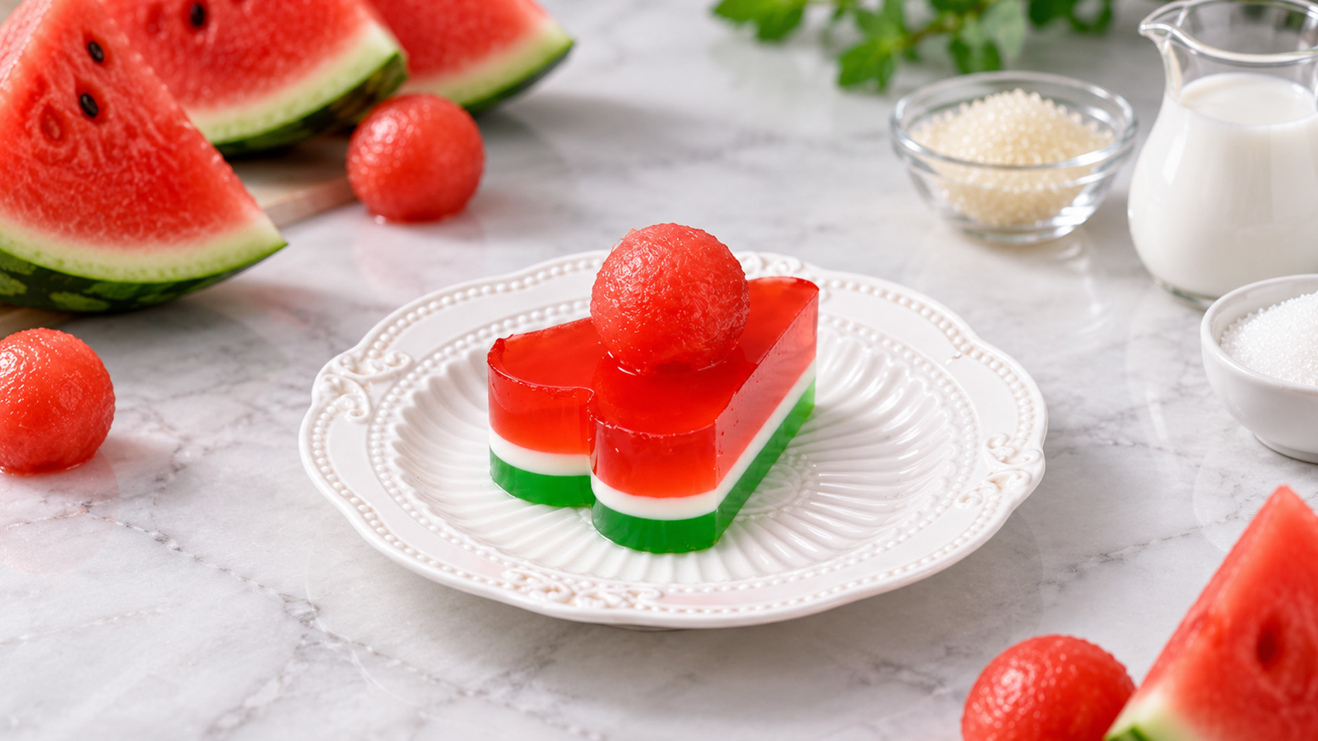 Watermelon jelly slices with fruit balls