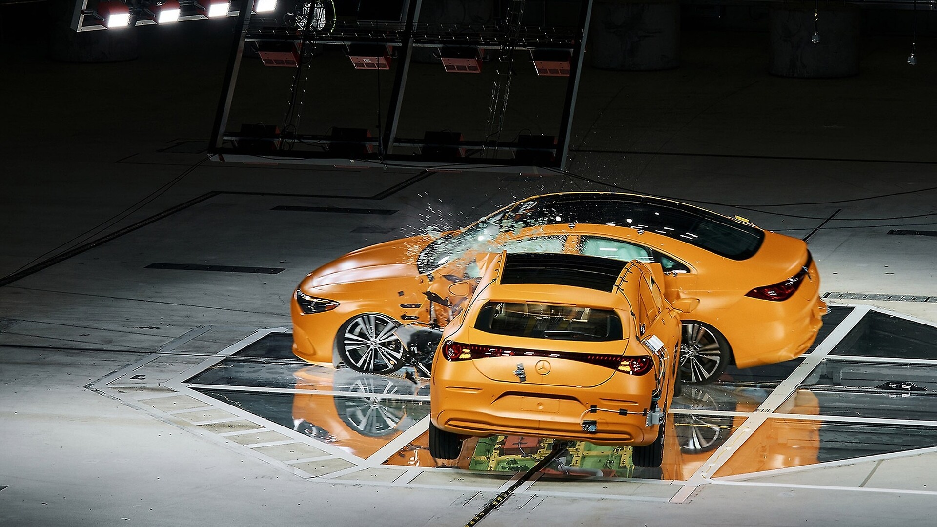 Mercedes crashed its own CLA hybrid into its own electric CLA’s door at ...