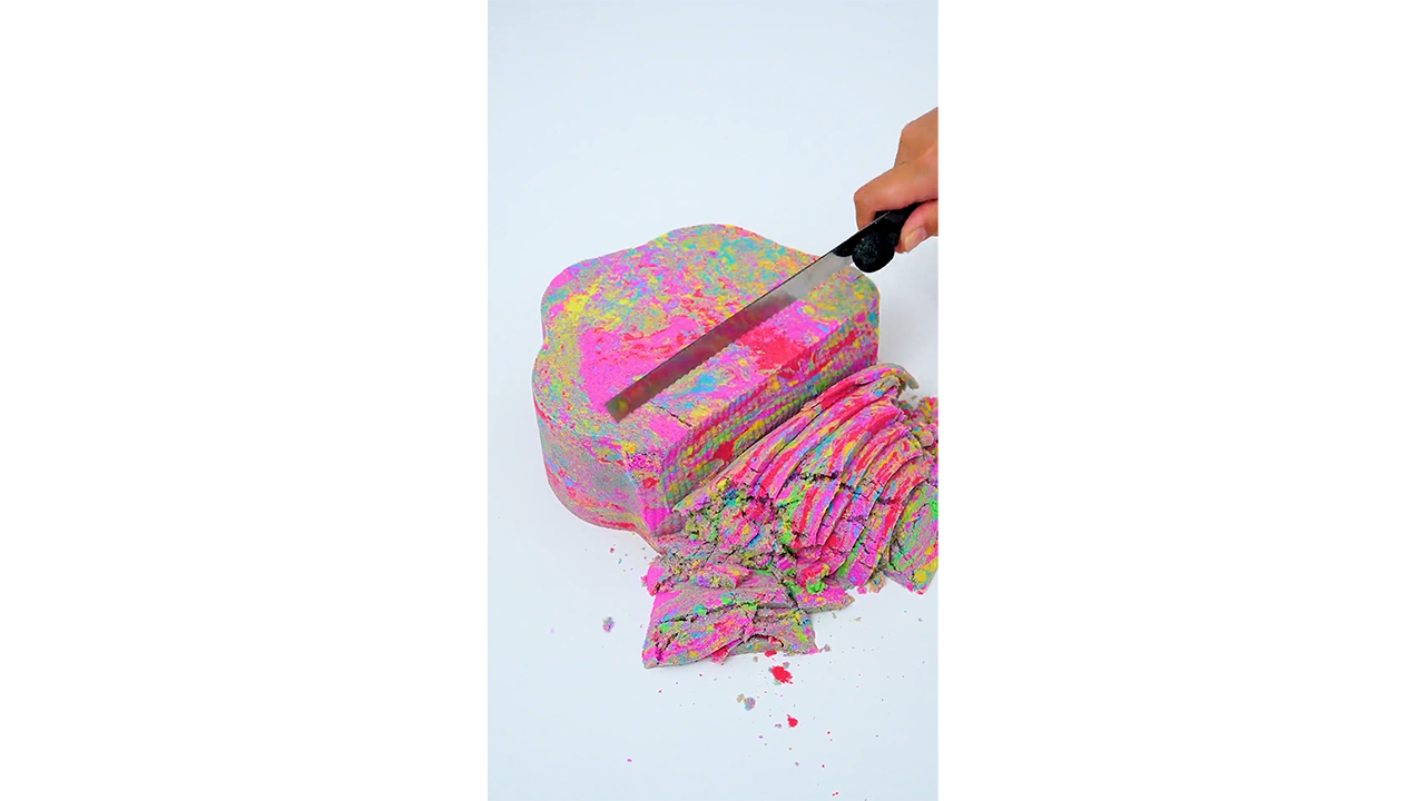 Satisfying Slicing Rainbow Sand Block With Knife Creating Thin Colorful ...