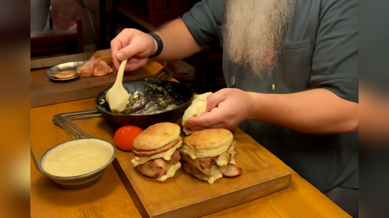 Wolfman makes a bratwurst, bacon and egg sandwich