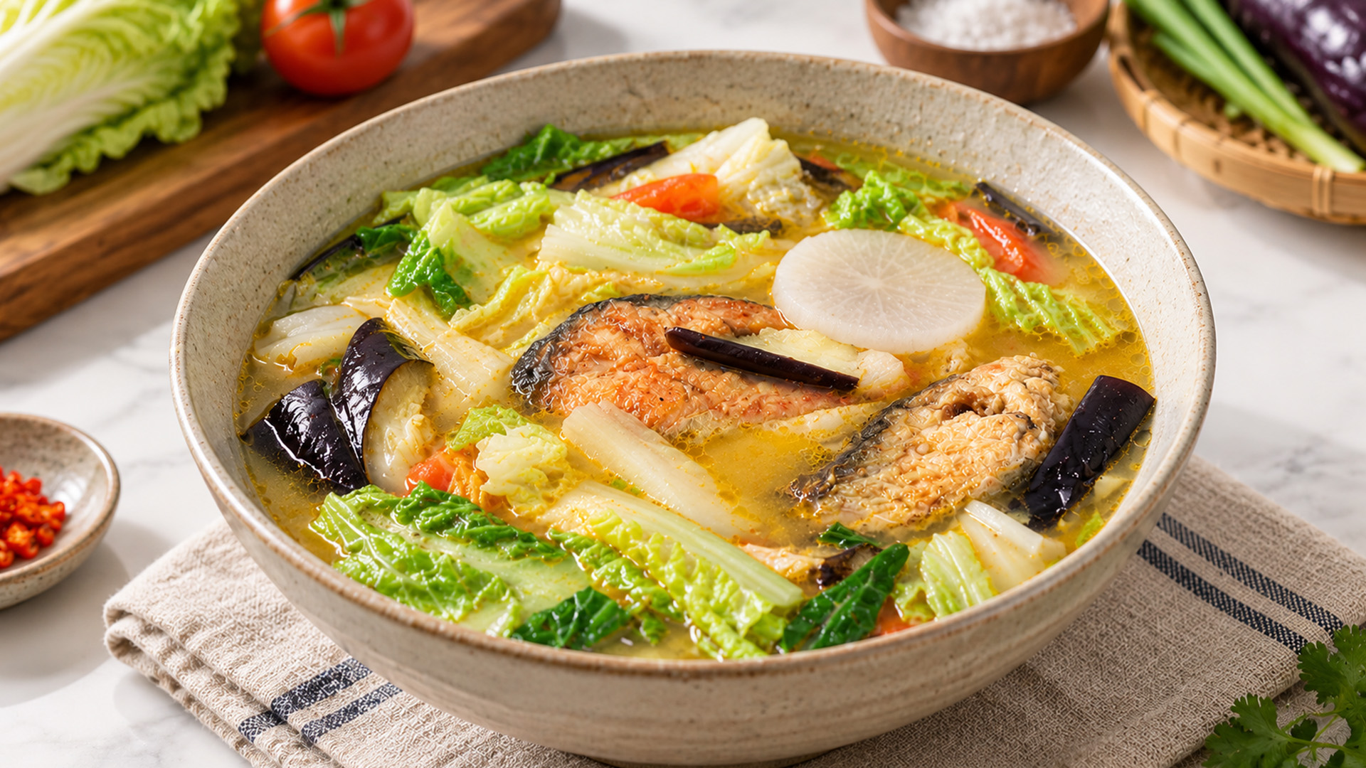 Tender milkfish in a savory tamarind and miso soup