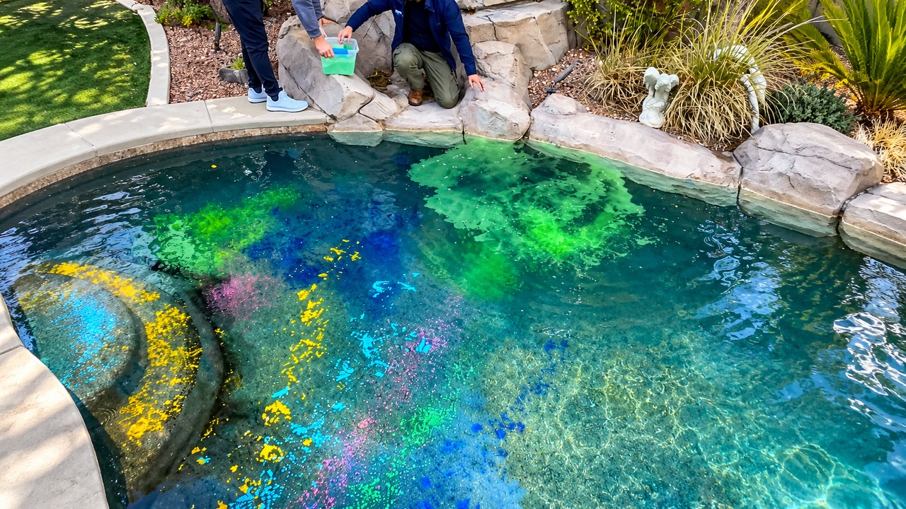 Pool cleaners dump play sand into a swimming pool to test a new ...
