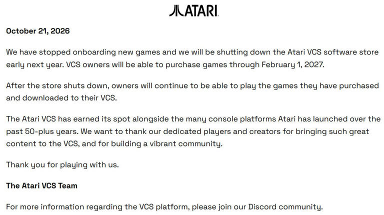 Retro Atari VCS platform will end with the closure of its software ...