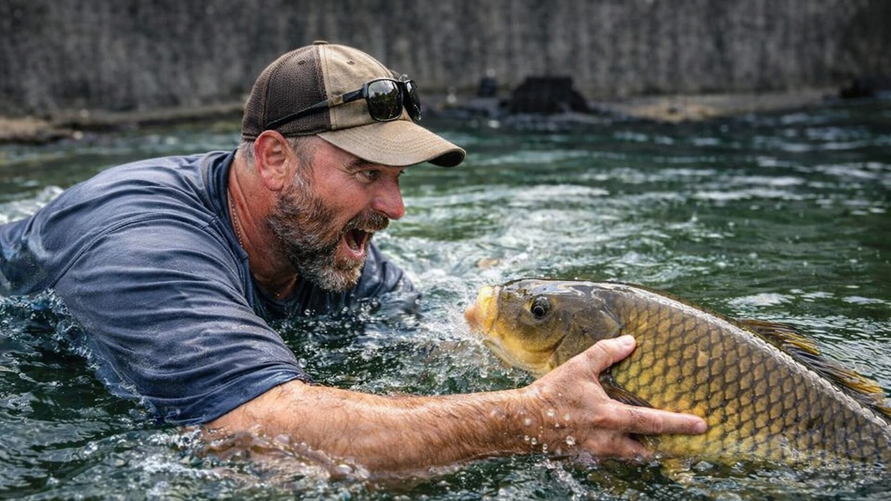 An angler jumps into the water to land a fish at a spillway