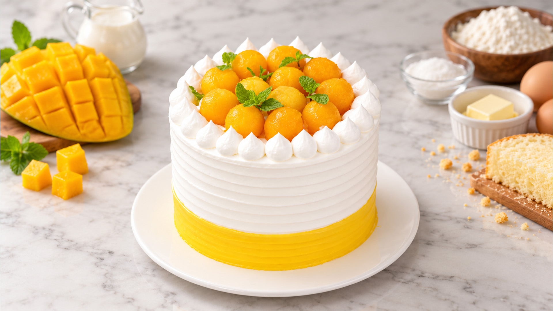 Mango layer cake with fresh mango balls