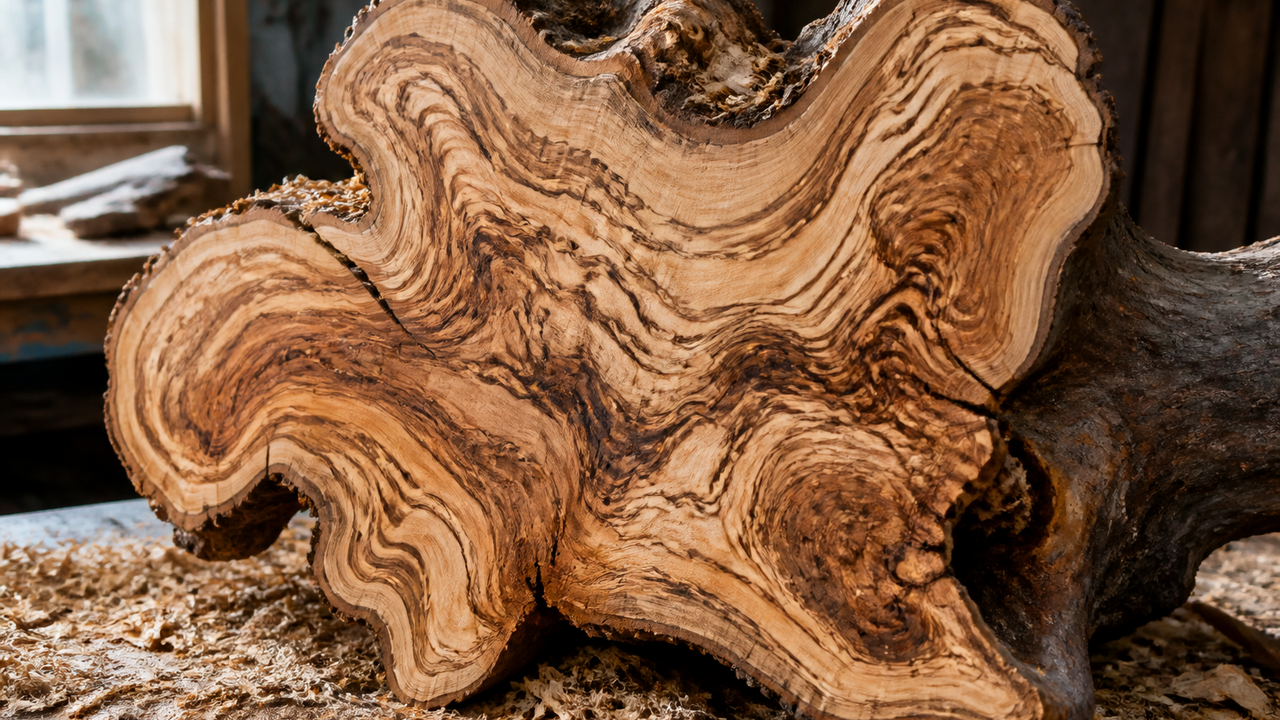 What's hidden inside a huge elm root? Unusual cuts reveal its beauty