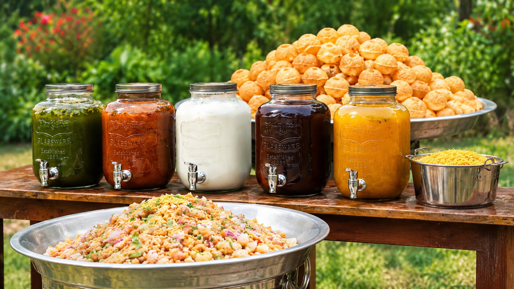 Indian street food pani puri with five flavors of pani made in village