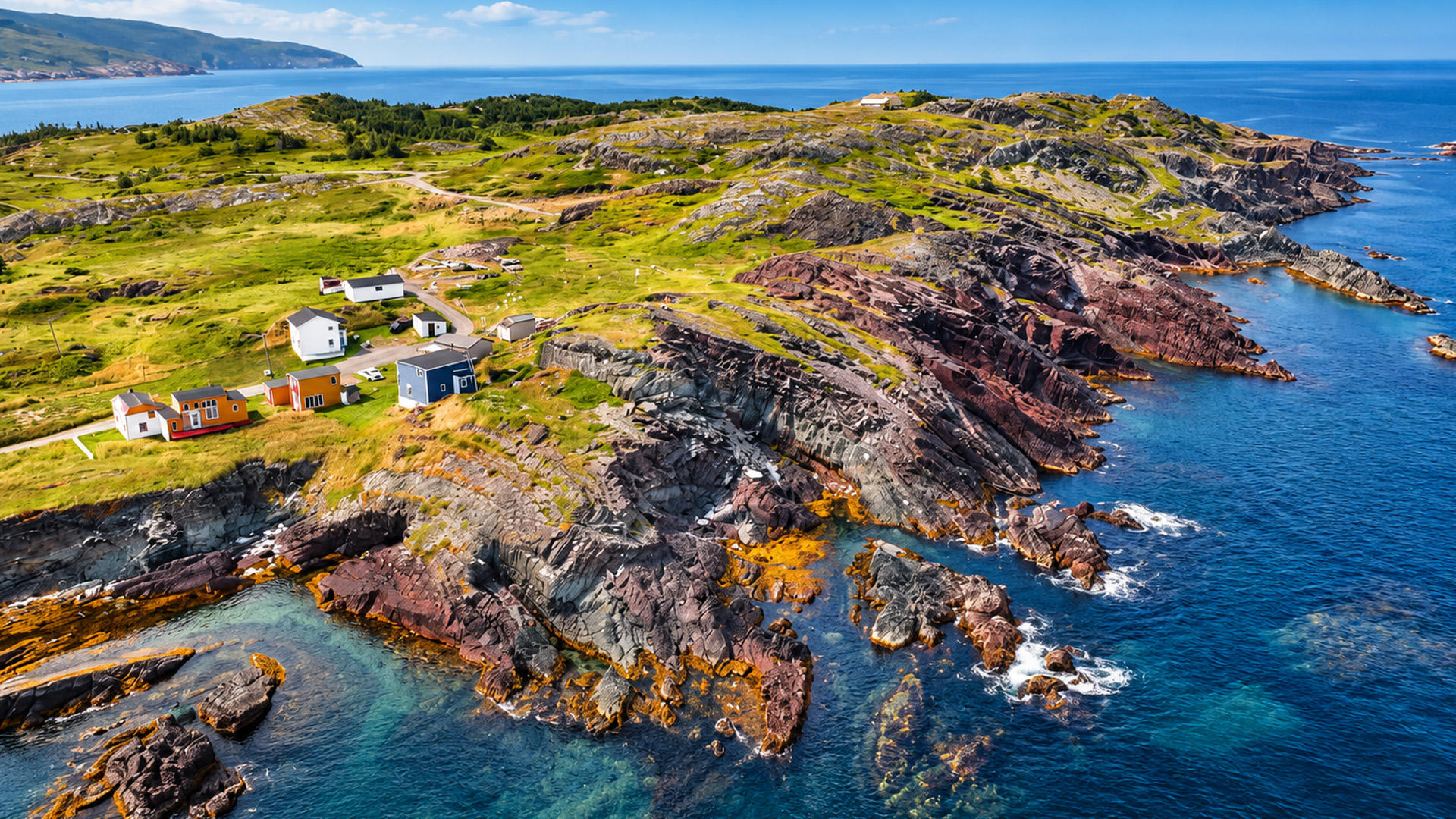 Colorful houses standing above Newfoundland's rugged coast