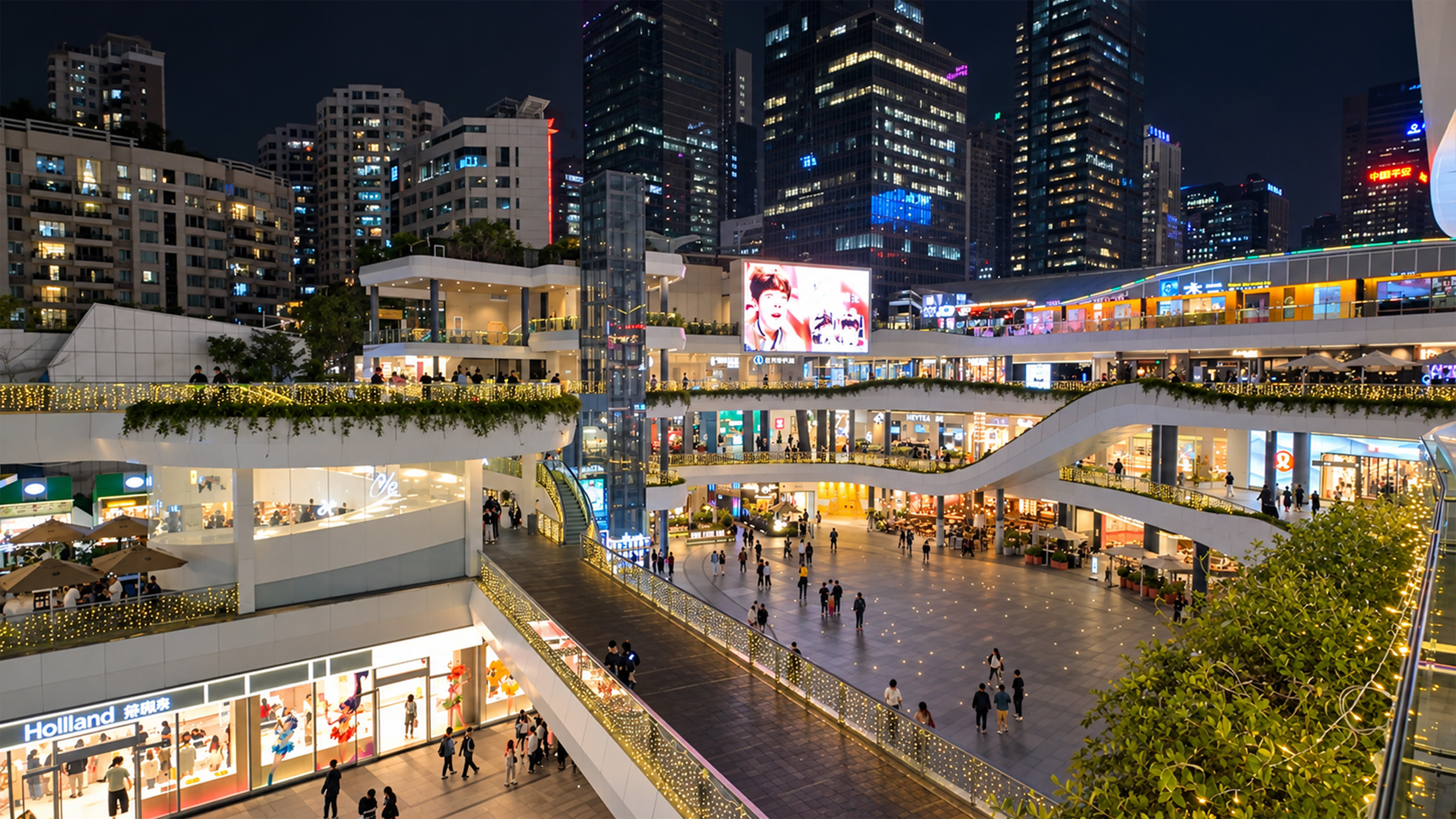 Shenzhen's elevated shopping walkways overlook a huge open plaza