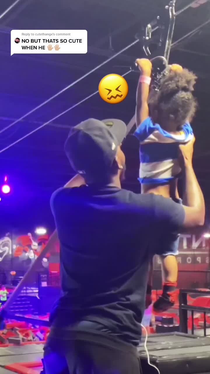 Nervous little rider finally takes the leap at the trampoline park