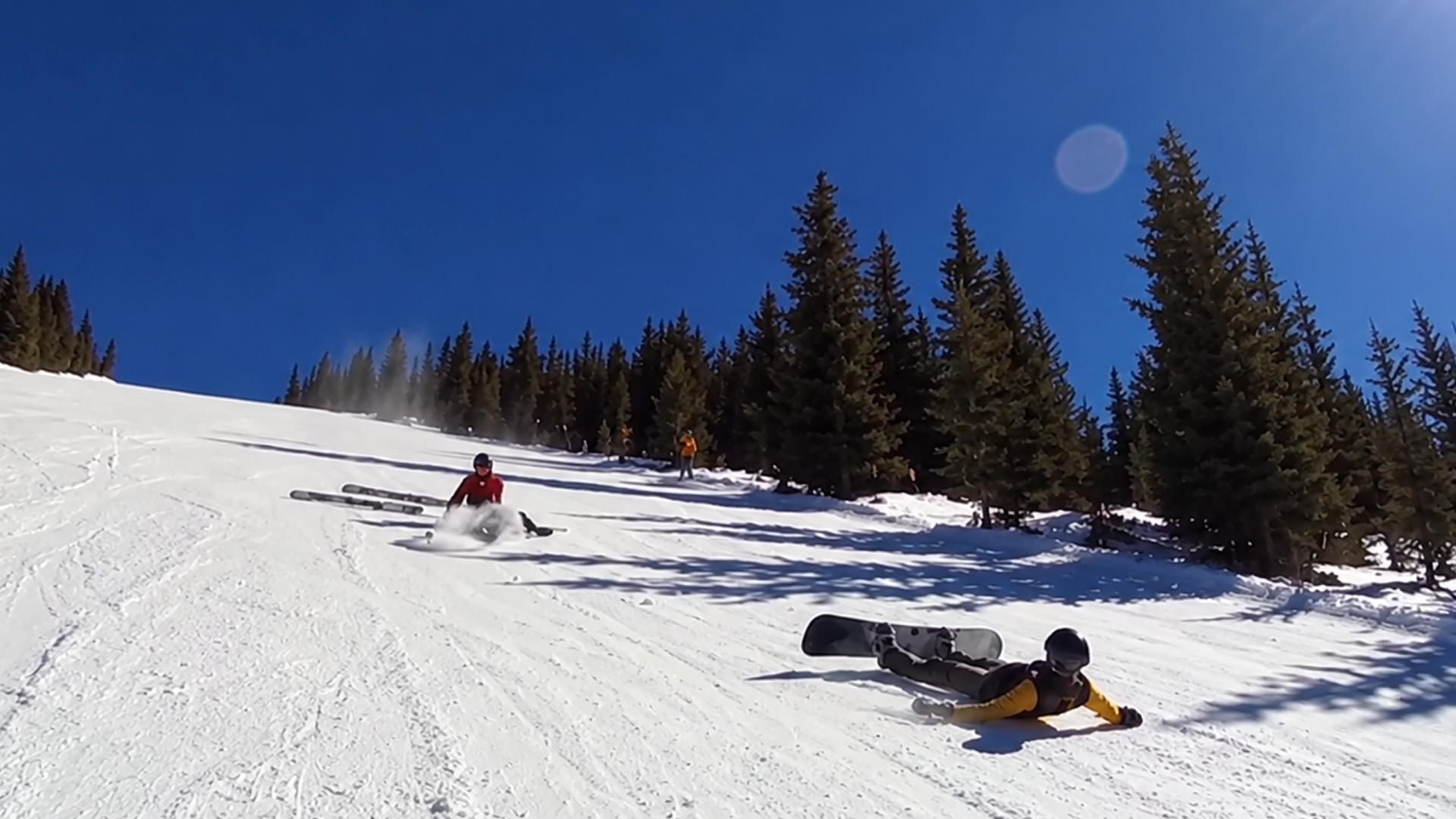 Out-of-control snowboarder delivers a surprise blindside tackle