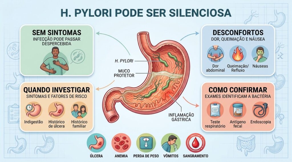 H. pylori nem sempre causa sintomas claros e pode permanecer silenciosa
