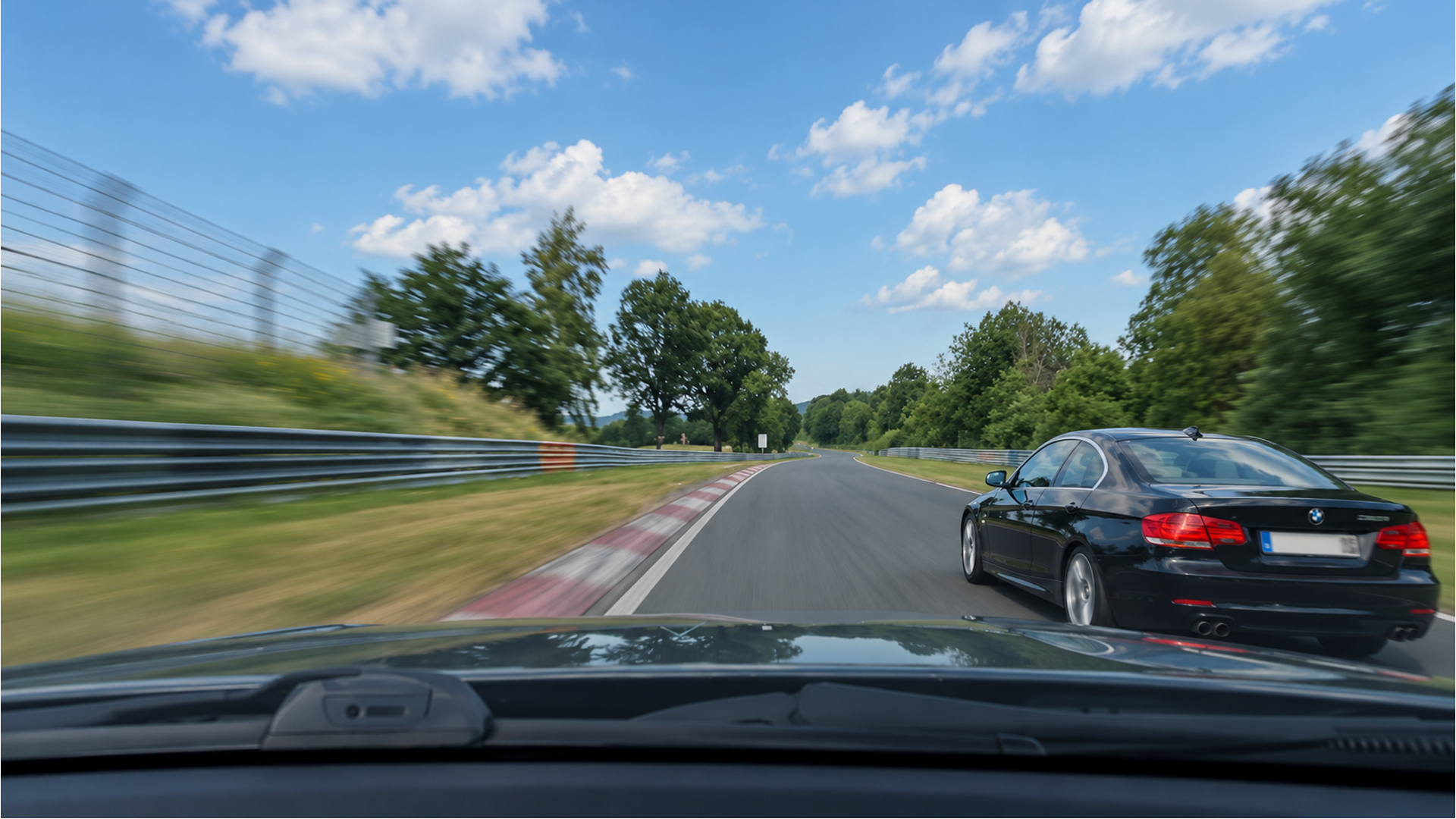 Track car slips past a BMW 3 Series at Nürburgring