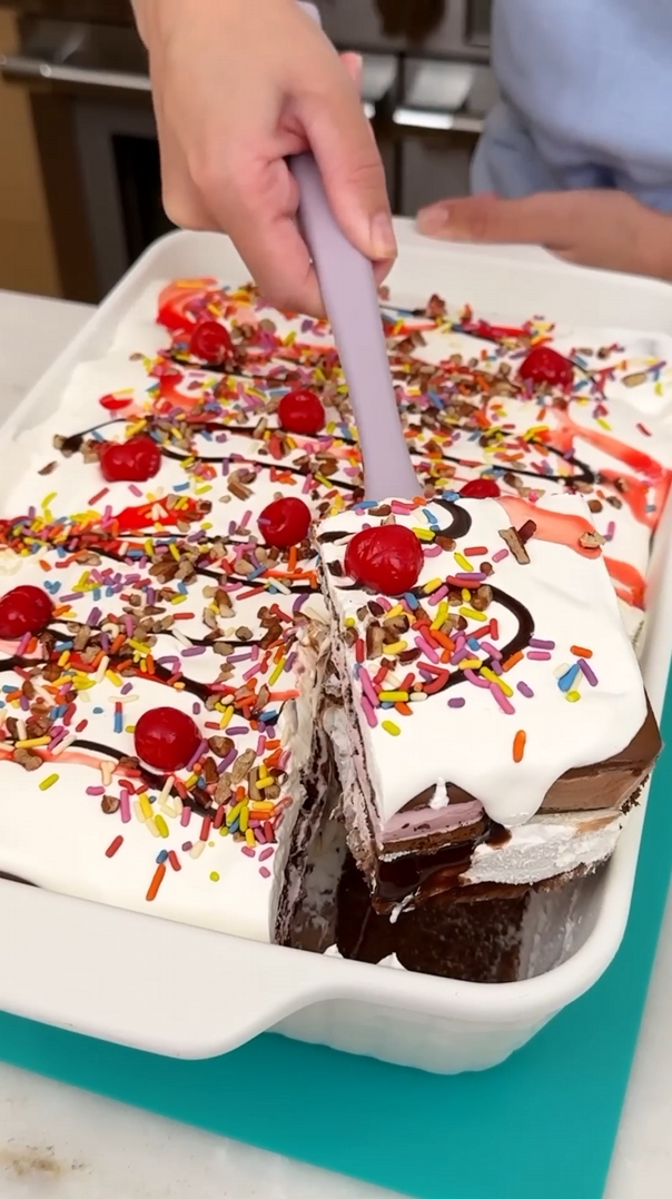 This banana split ice cream cake is the ultimate American dessert