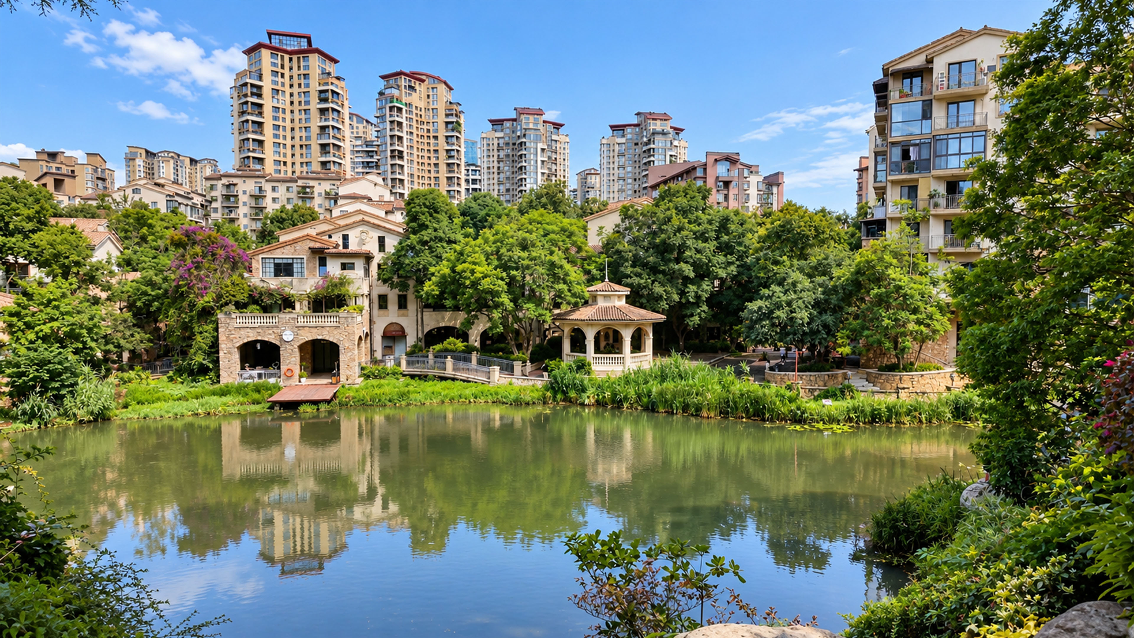 A European style lakeside village surrounded by towers in China