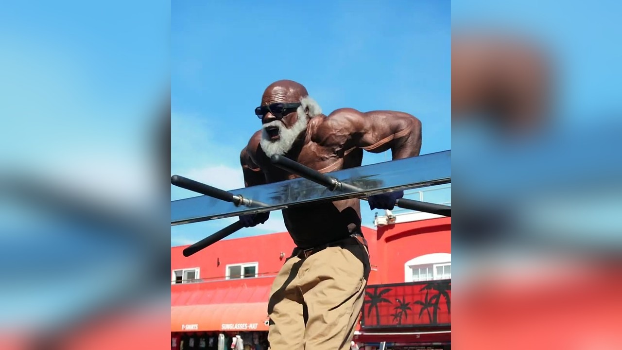 Kali Muscle does muscle-ups in an old-man disguise