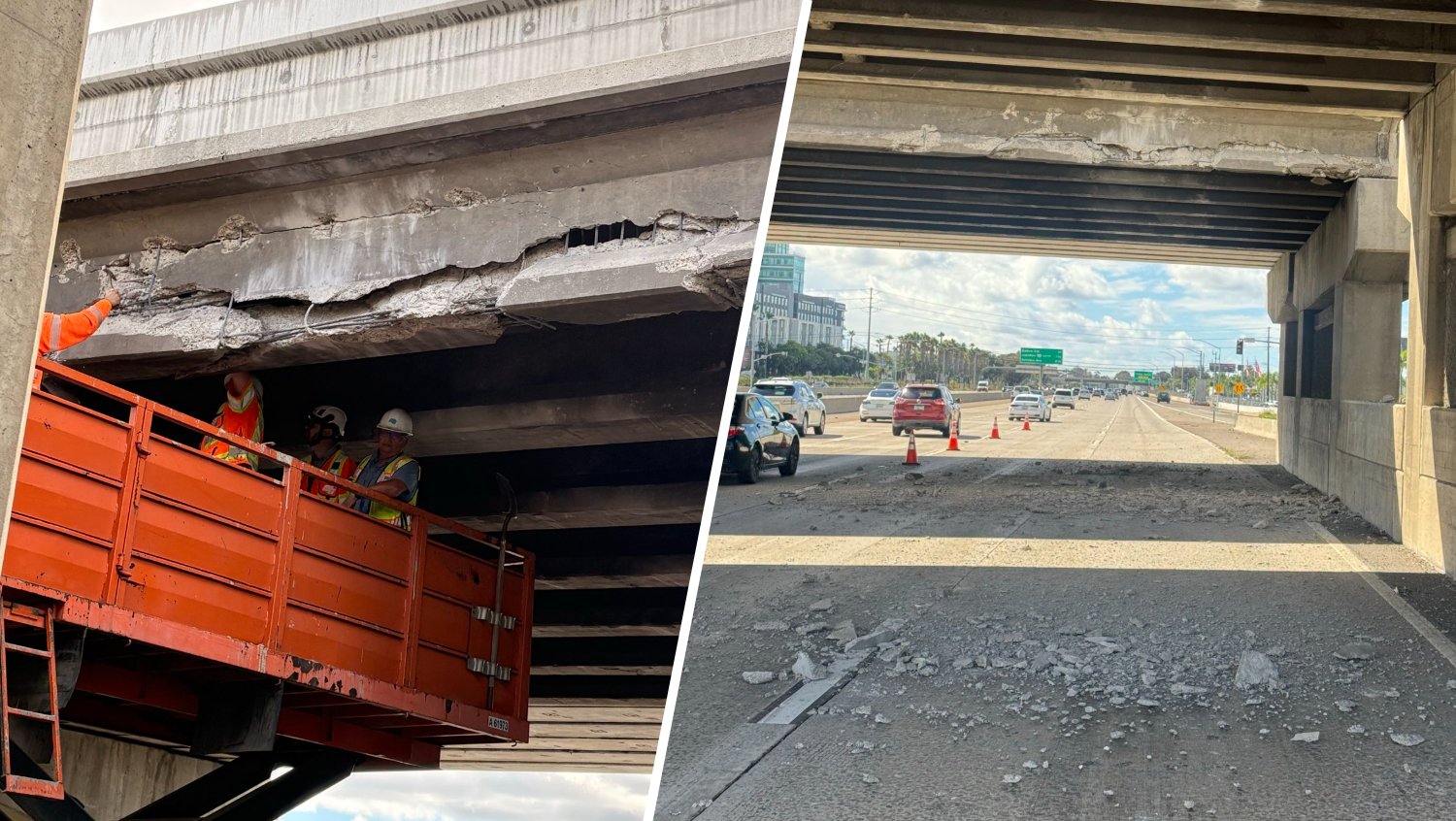 Some lanes of SR-163 closed in Kearny Mesa after semi-truck hits freeway overpass