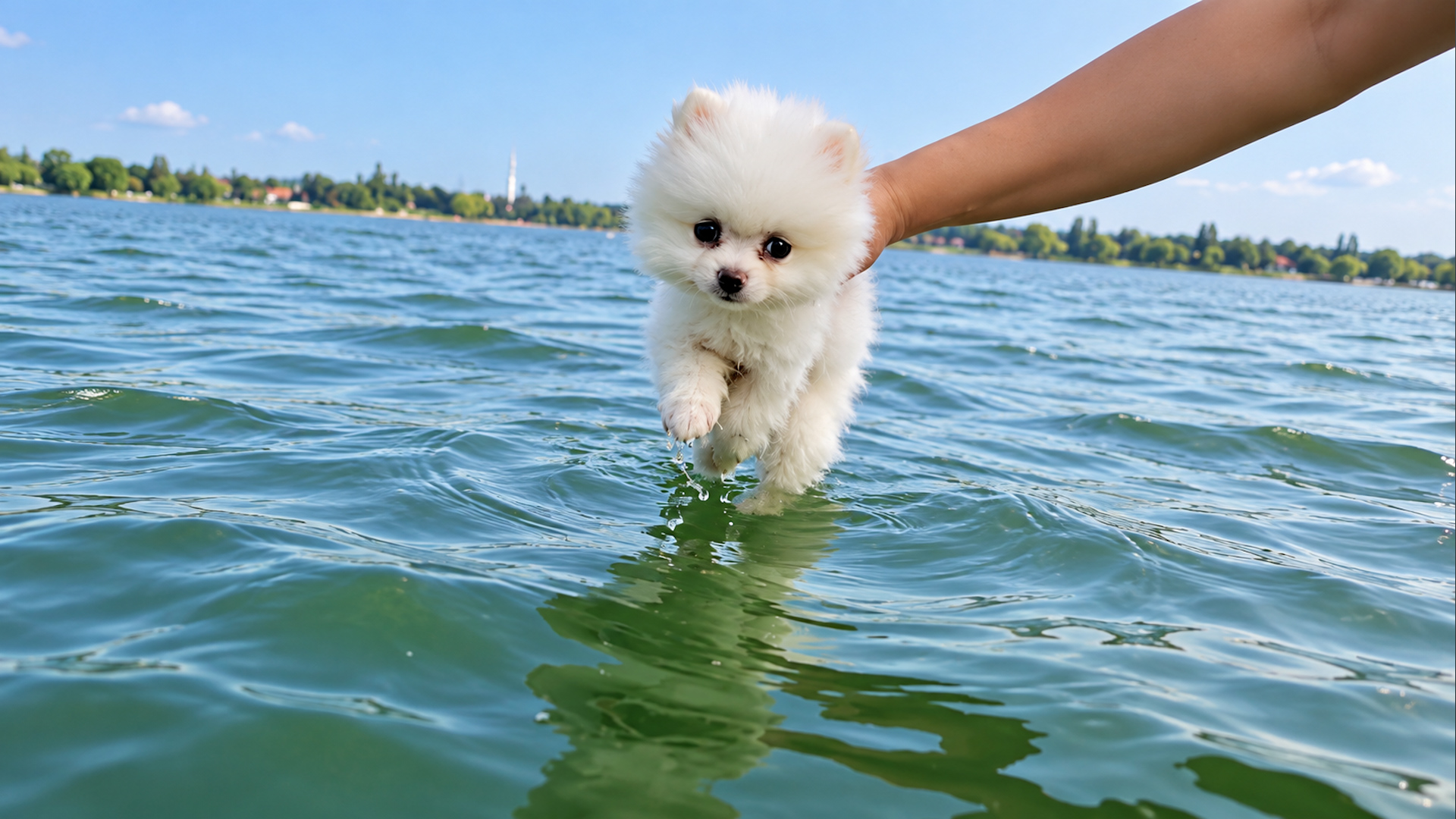 Little white fluffball has an adorable water adventure