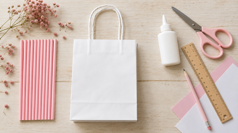 How to use straws and flowers to decorate a paper gift bag