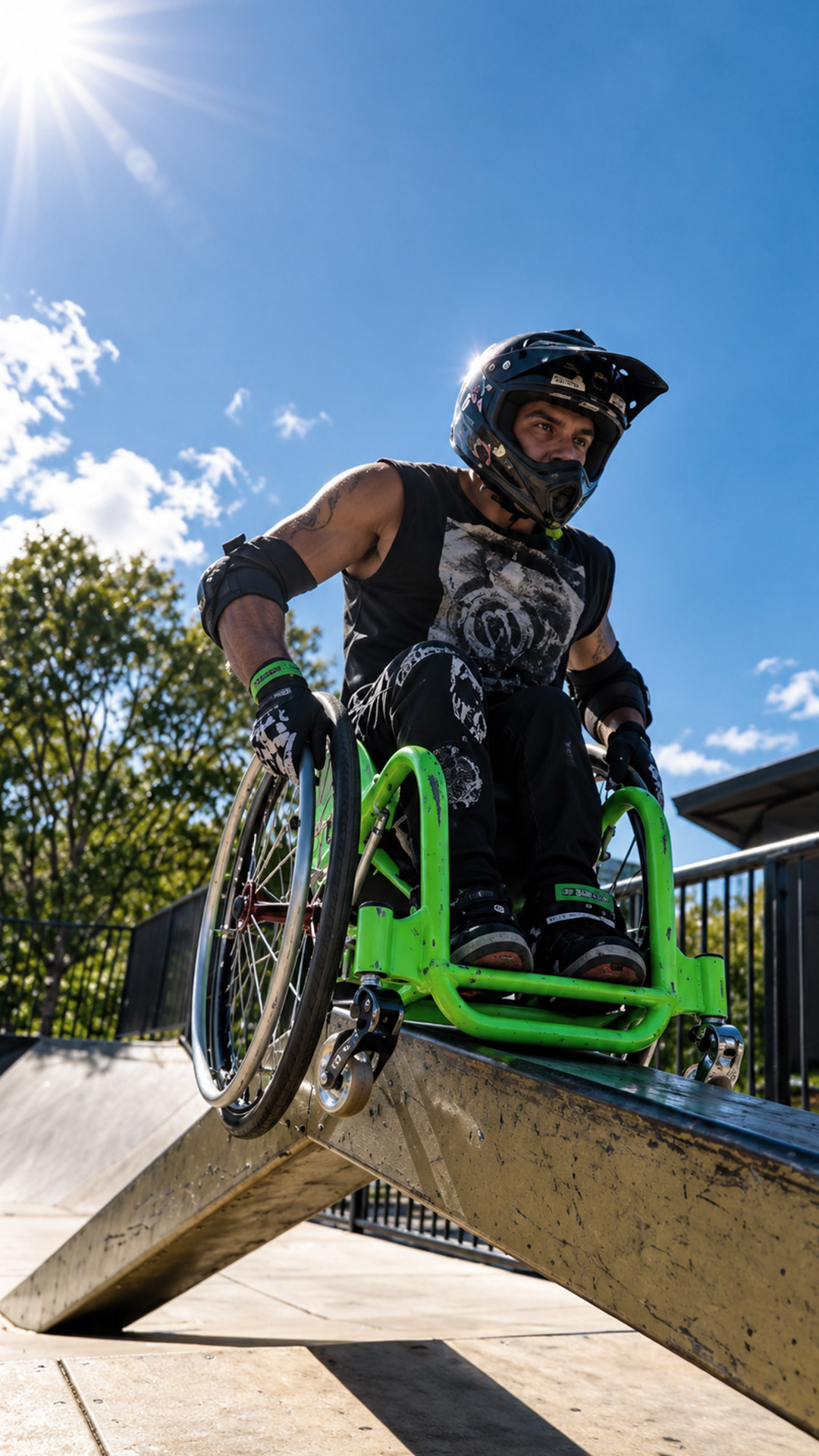 This athlete takes his wheelchair through a skatepark