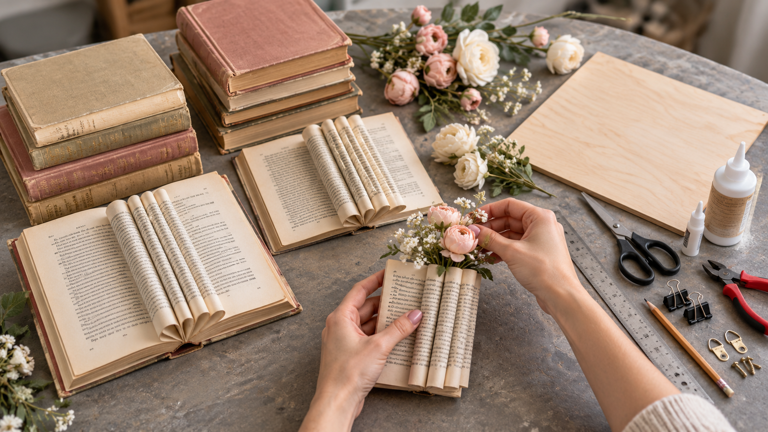 How to make a flower display using old books and paper