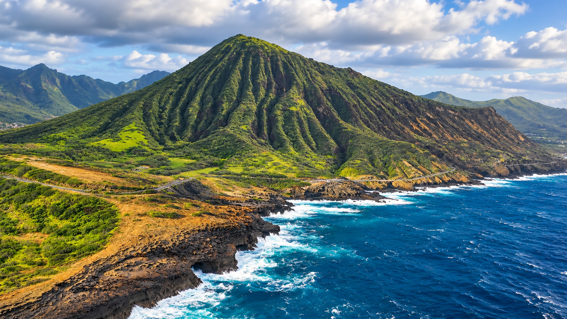 La montagne volcanique verte d’Hawaï au-dessus d’un littoral rocheux