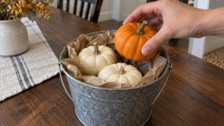 How can mini pumpkins brighten a simple metal bucket?