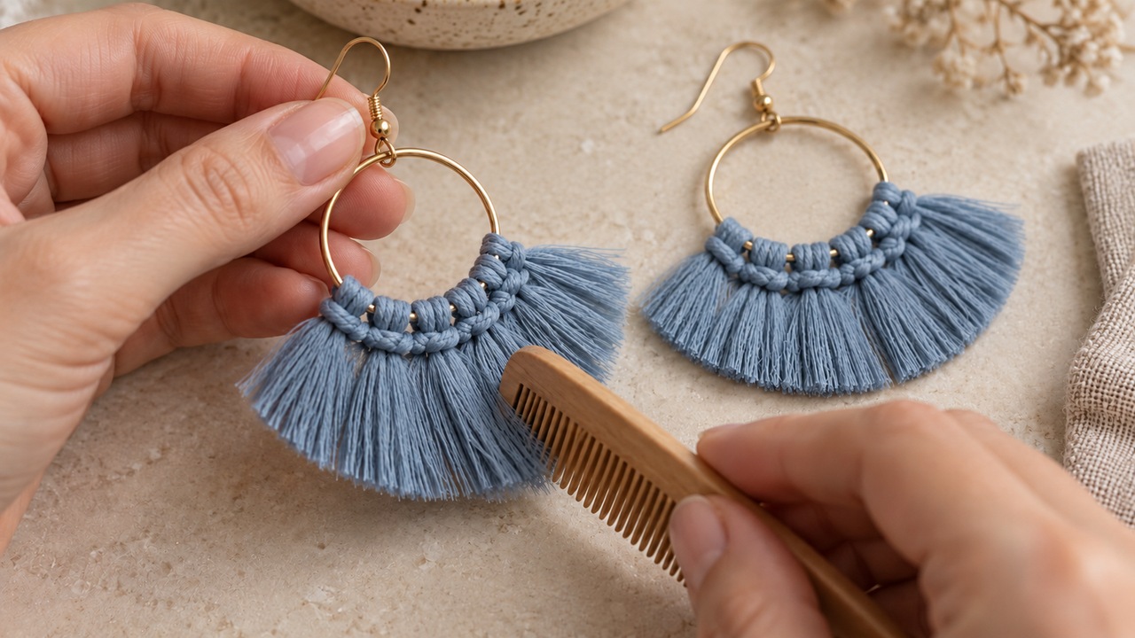 How to make macramé hoop earrings with soft cotton fringe