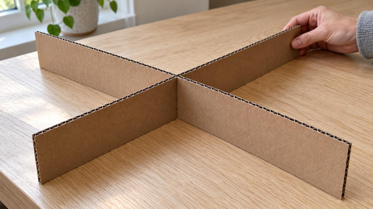 Turn cardboard scraps into dividers for a tidier desk drawer