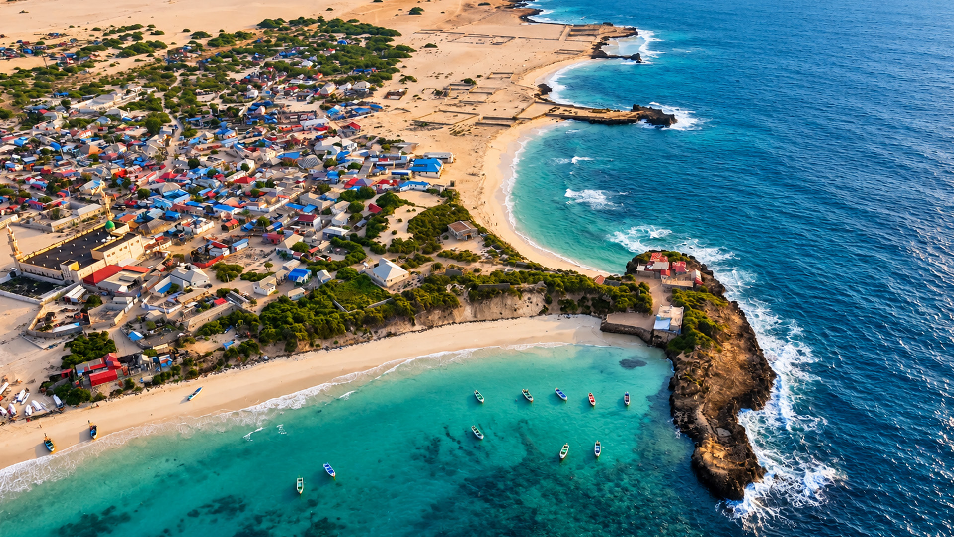 Une ville désertique avec des plages de sable blanc et une eau bleue