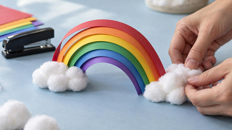 How to make a rainbow craft using paper strips and cotton