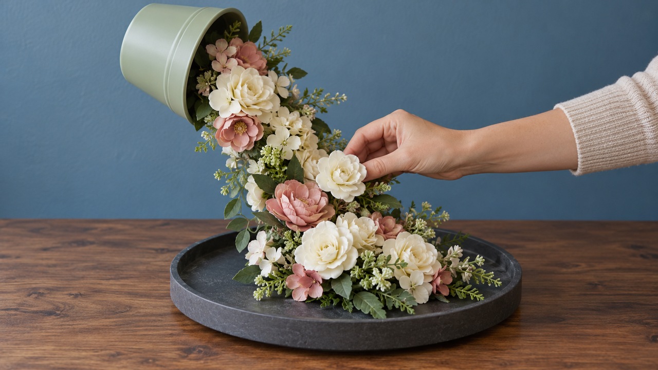How can you make flowers look like they spill from a floating pot?